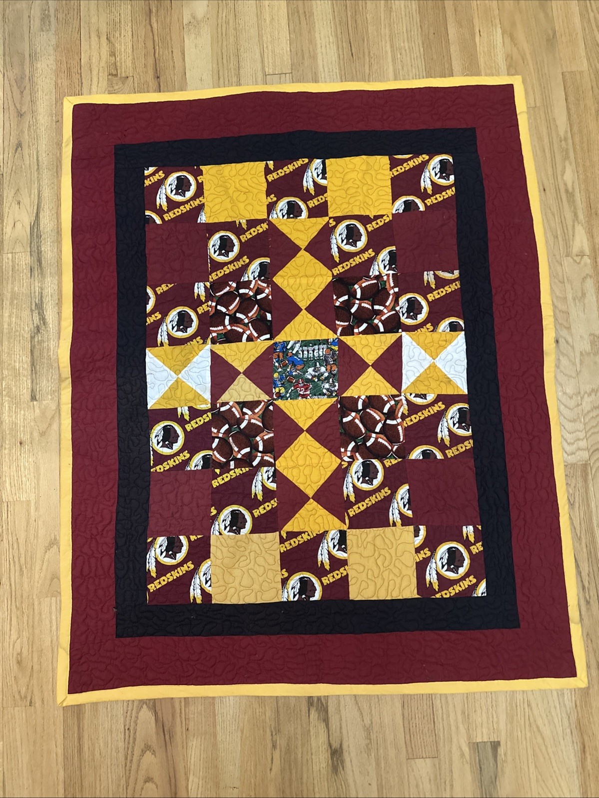 Vintage Handmade Washington Redskins Quilt, Throw, football stitching. 48”x38” Vintage Handmade Washington Redskins Quilt, Throw, football stitching. 48”x38”