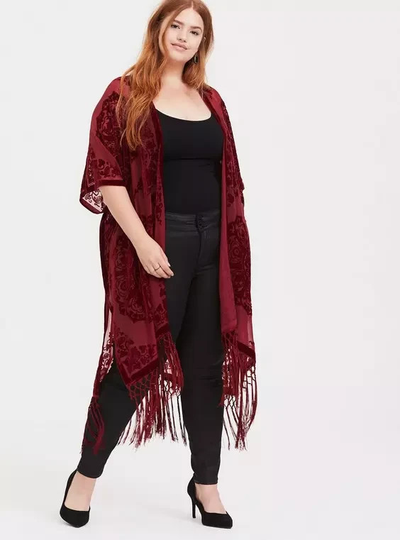 NWT Torrid Red Floral Burnout Velvet Duster Kimono Size 3X 4X Fringe Boho