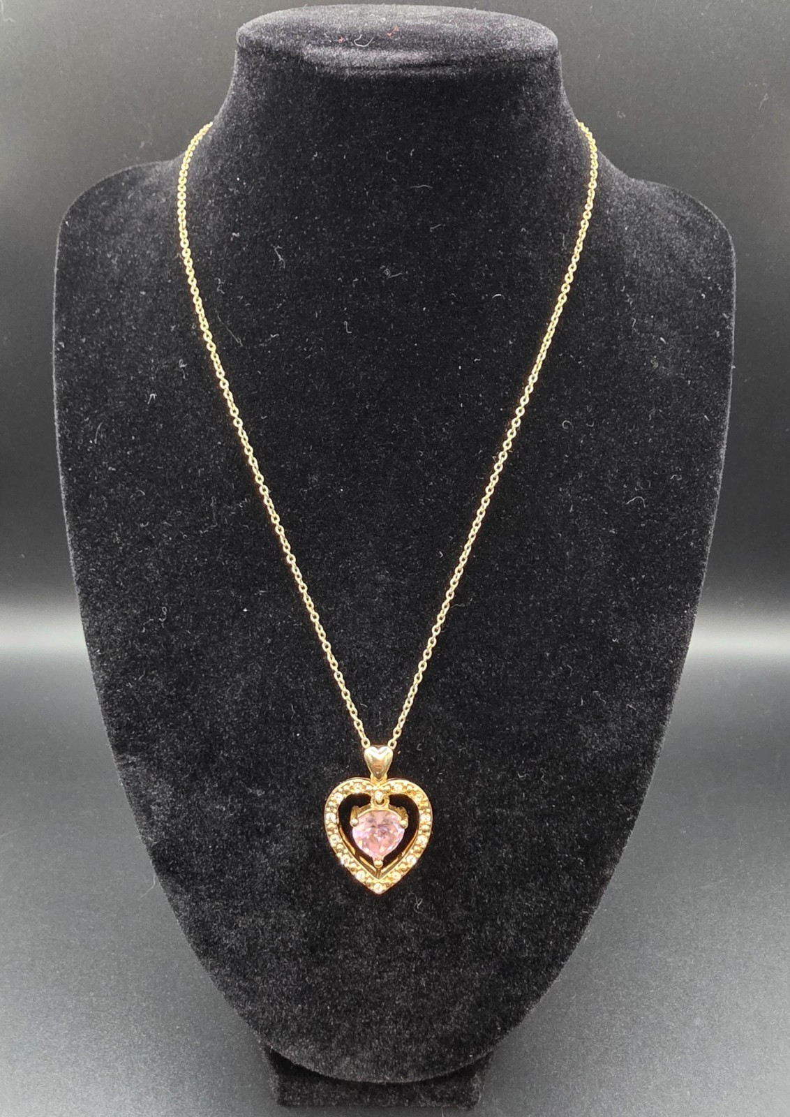 Vintage Avon Dangle Pink Heart and Pave CZ Heart Pendant Gold Tone Necklace Vintage Avon Dangle Pink Heart and Pave CZ Heart Pendant Gold Tone Necklace
