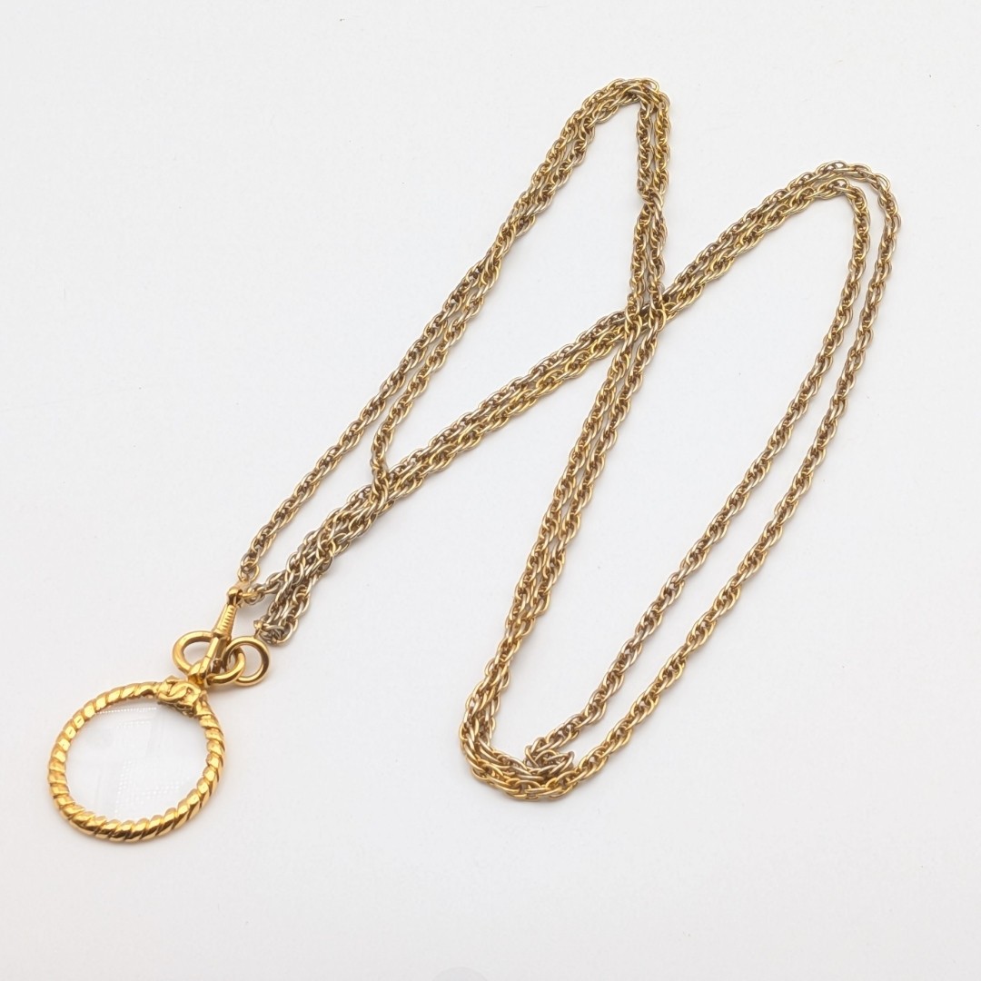 Chanel Necklace Pendant, Coco Mark Magnifying Glass Gold Chain Vintage