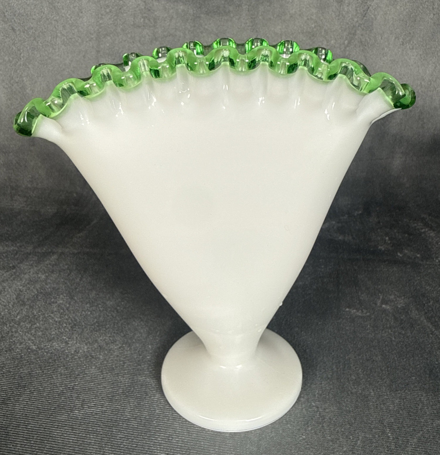 Vintage Fenton (?) Style Green Crest Milk Glass Trumpet Vase Green Ruffled Rim Vintage Fenton (?) Style Green Crest Milk Glass Trumpet Vase Green Ruffled Rim