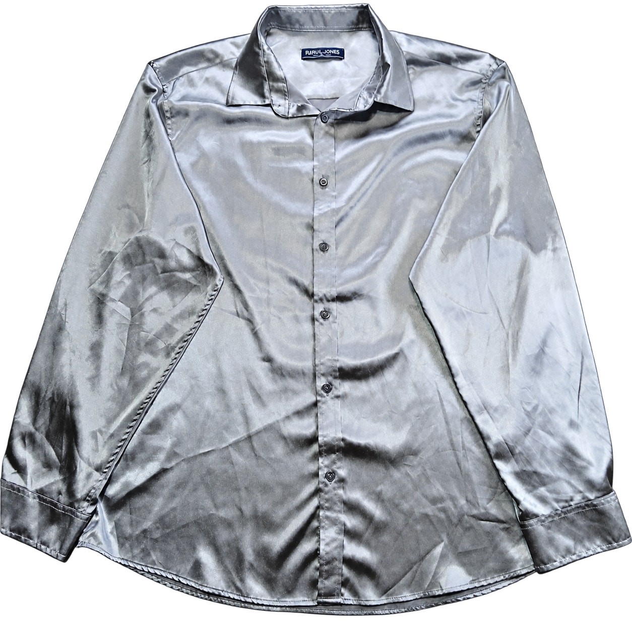 PJ Paul Jones Men’s XL Silver Satin 70s Disco Halloween Costume Dress Shirt