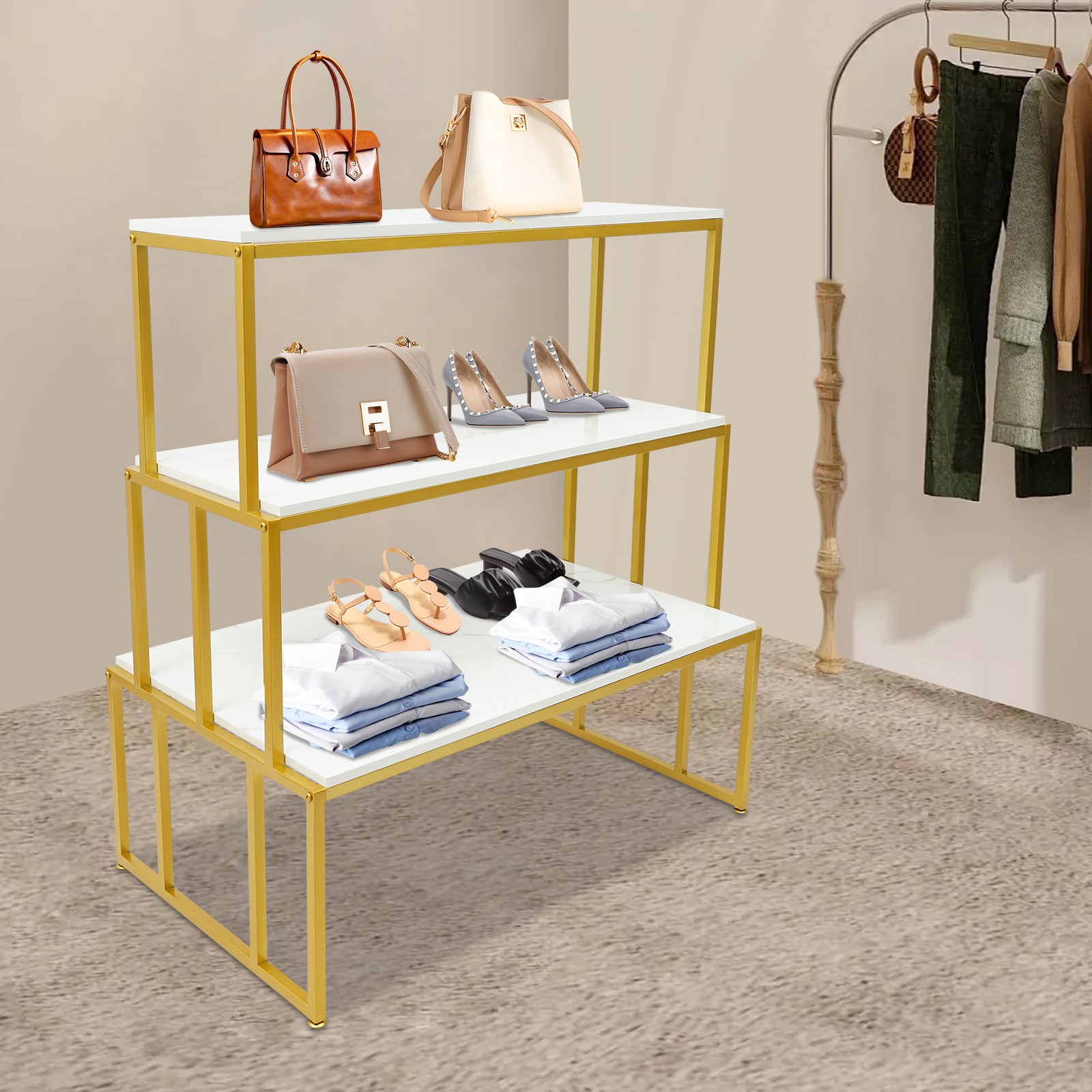 3 Tier Heavy Duty Display Stand Metal Shoe Handbag Display Table Retail Shelf