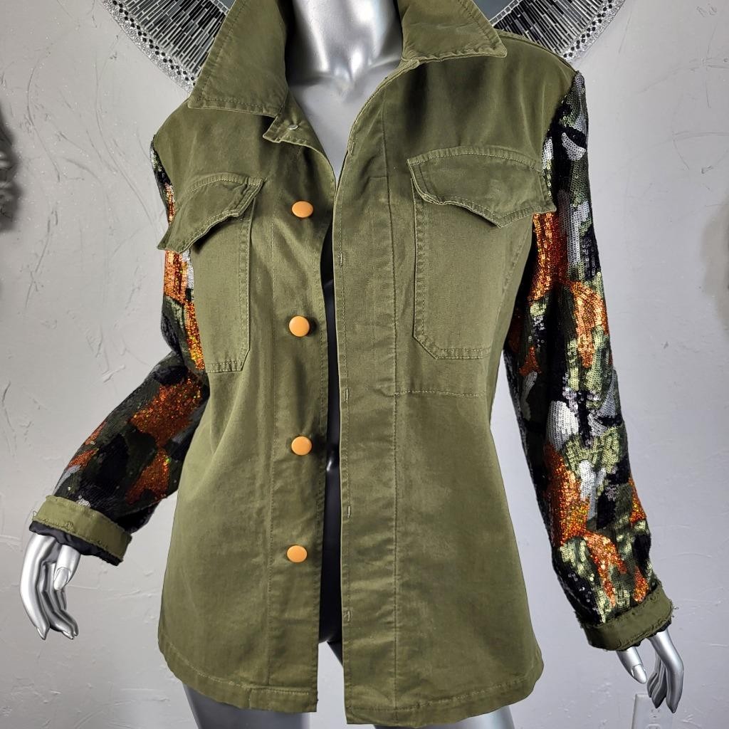 $285~HISTORY REPEATS~M/42~GREEN CAMO ORANGE BLACK SEQUIN MILITARY JACKET COAT