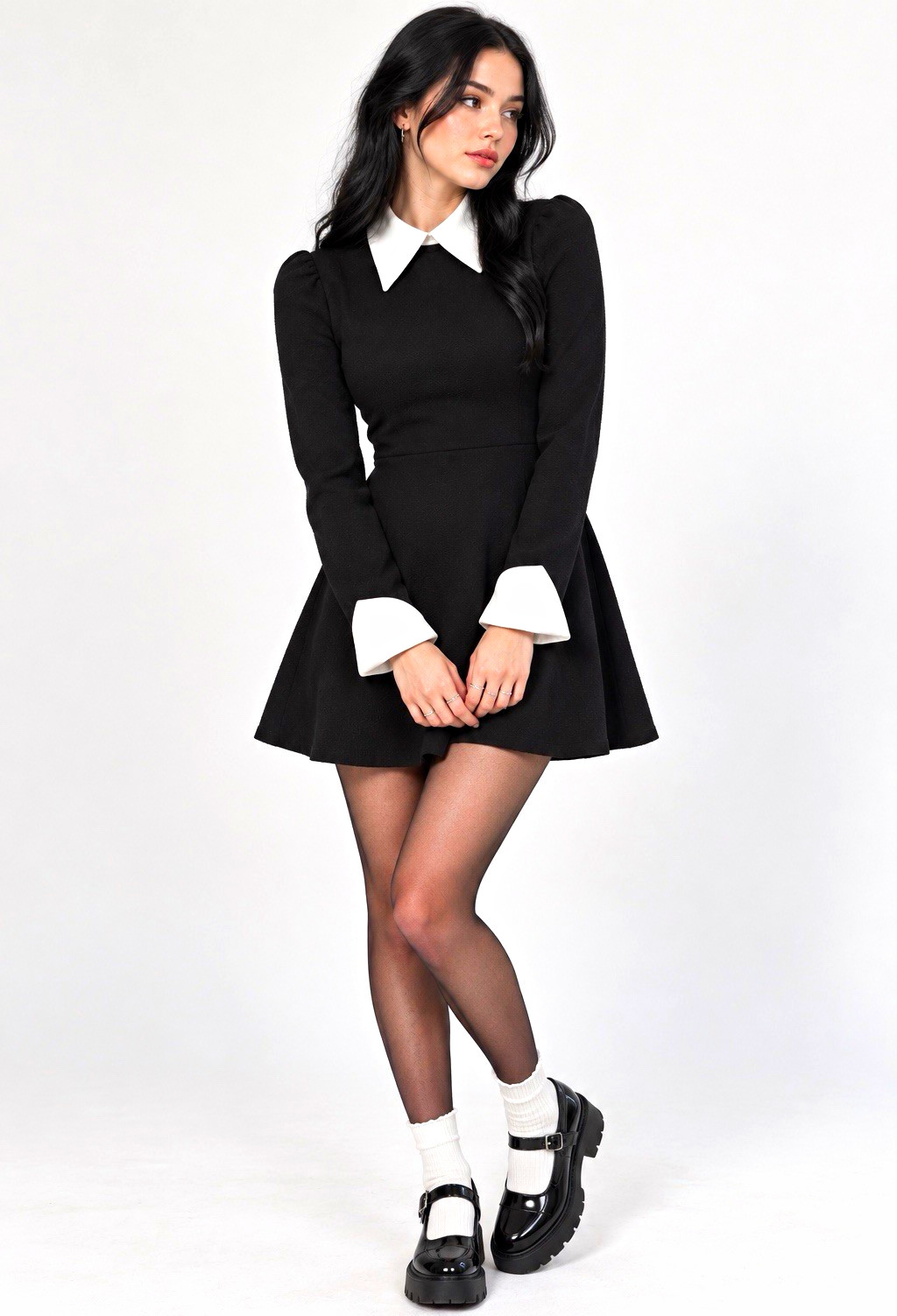 ROMWE Womens XS Black White Contrast Collar Fit Flare Mini Dress NWT Gothic ROMWE Womens XS Black White Contrast Collar Fit Flare Mini Dress NWT Gothic