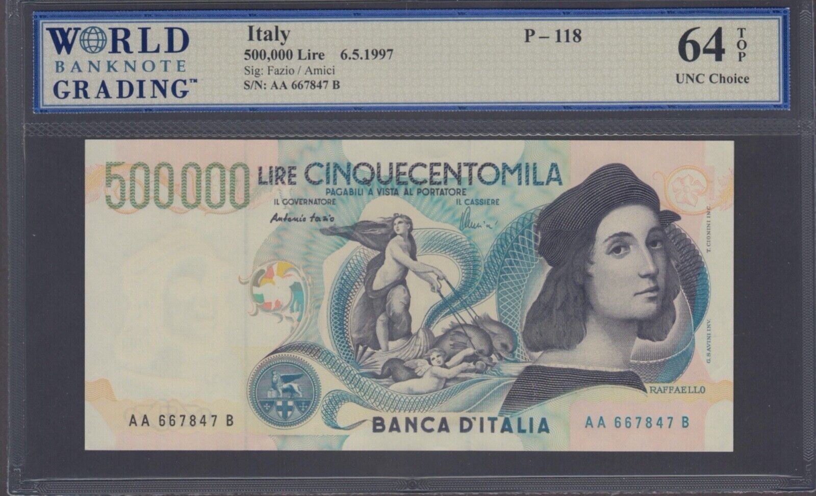 ITALY 500000 LIRA P-118 1997 *AA* Extra Rare UNC PRE EURO RAPHAEL Italian NOTE