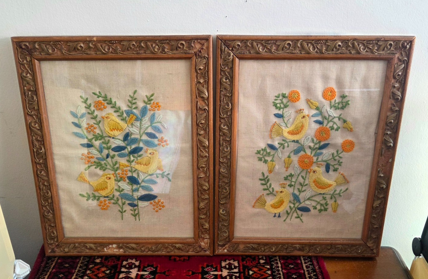 Title: Vintage Elsa Williams Embroidered Birds Floral Framed Pair Cottage Decor