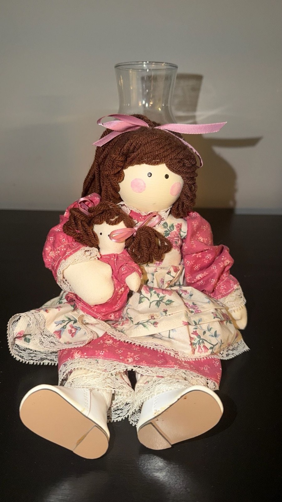 Vintage Handmade Rag Doll Holding Baby With Floral Dress Vintage Handmade Rag Doll Holding Baby With Floral Dress