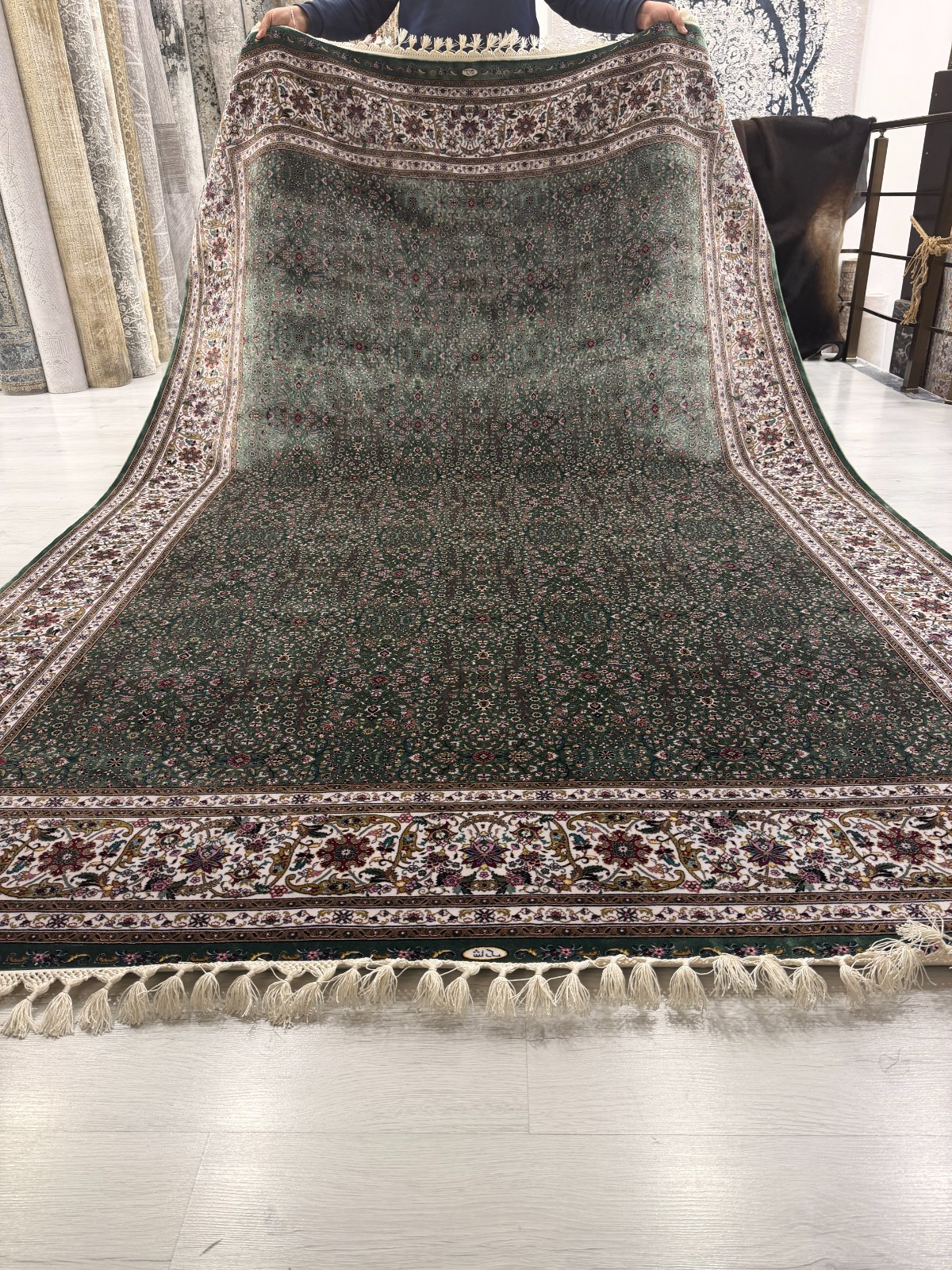 7x10 Silk Area Rug Turkish Style Green Oriental Luxury Handmade Fringe