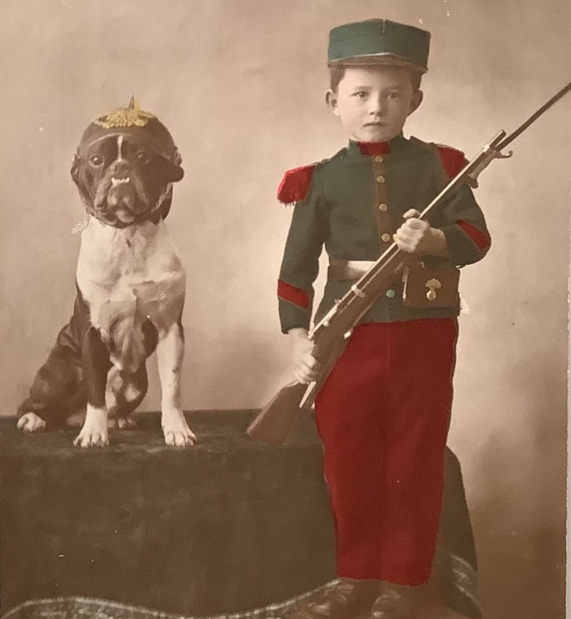ww1 War dog French Bulldog helmet child Soldier WW1 original RPPC 1915 ww1 War dog French Bulldog helmet child Soldier WW1 original RPPC 1915