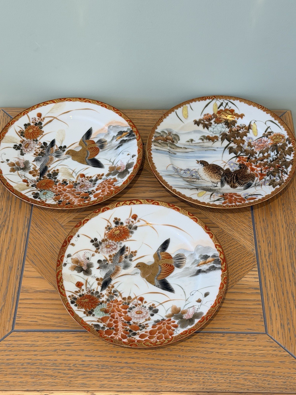 Antique Meiji Japanese Kutani Plates Set of 3 Signed Watano Sei Birds Gold