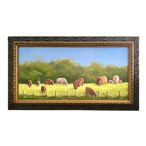 Cow Painting Original Oil on Canvas Signed Framed Vintage Kathy Soliday FLAW Cow Painting Original Oil on Canvas Signed Framed Vintage Kathy Soliday FLAW