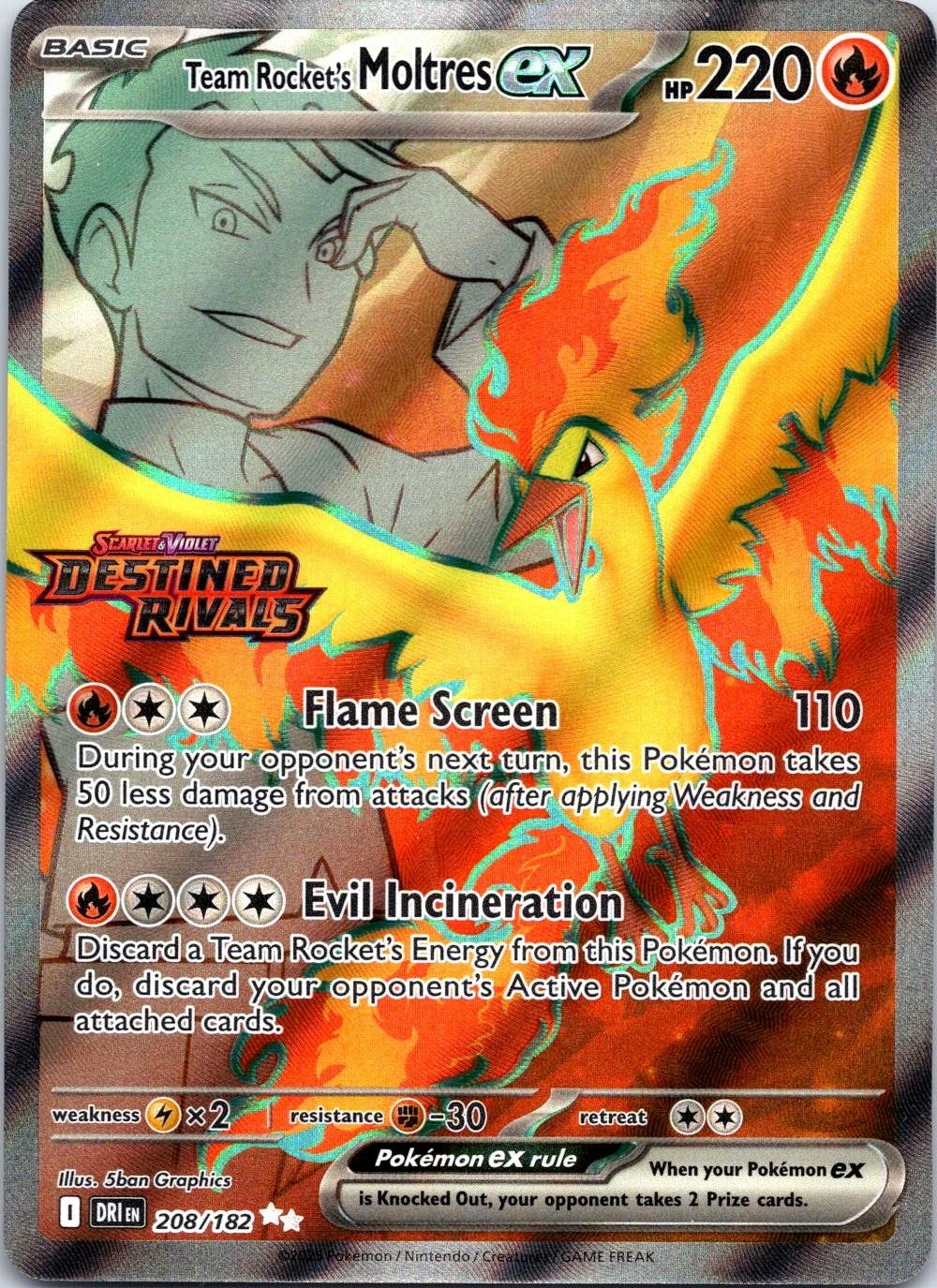 Team Rocket\'s Moltres ex 208/182 Ultra Rare Destined Rivals Pokemon Holo NM
