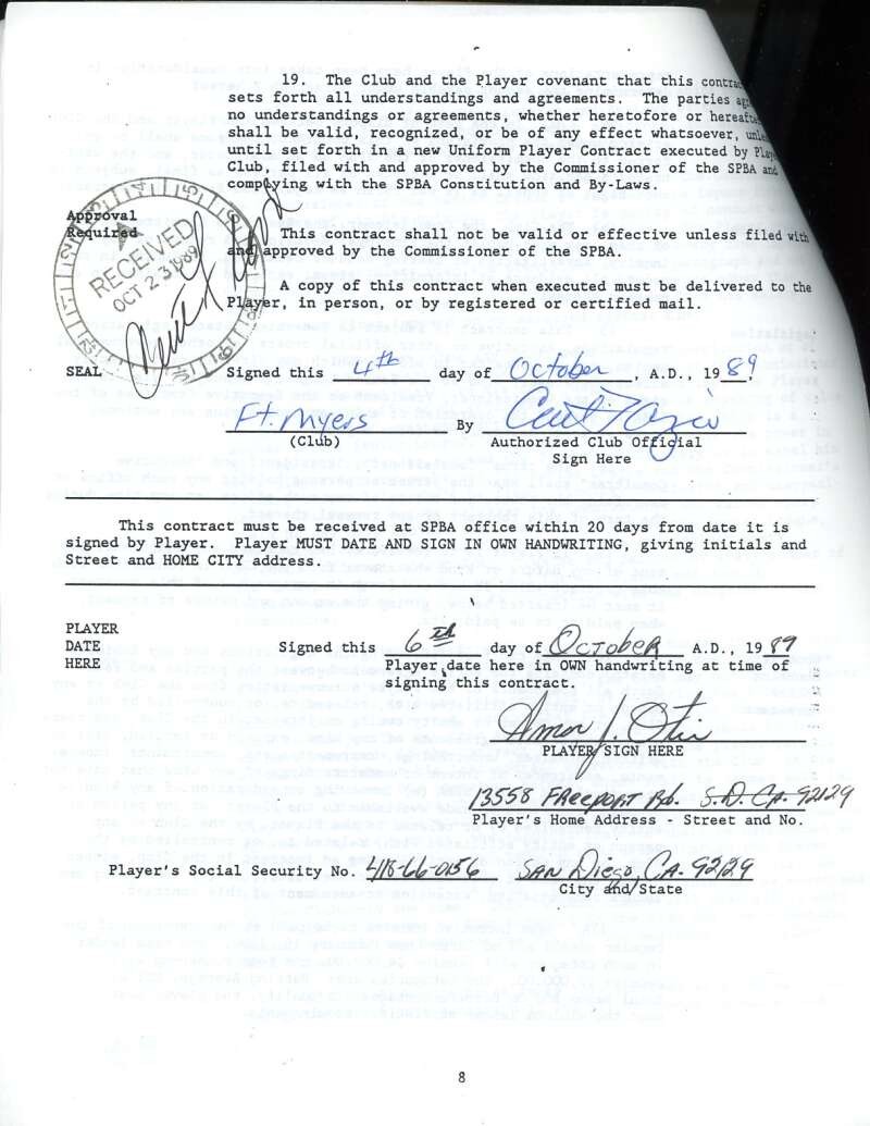 Curt Flood Amos Otis PSA DNA Signed 1989 Senior League Contract Autograph Curt Flood Amos Otis PSA DNA Signed 1989 Senior League Contract Autograph