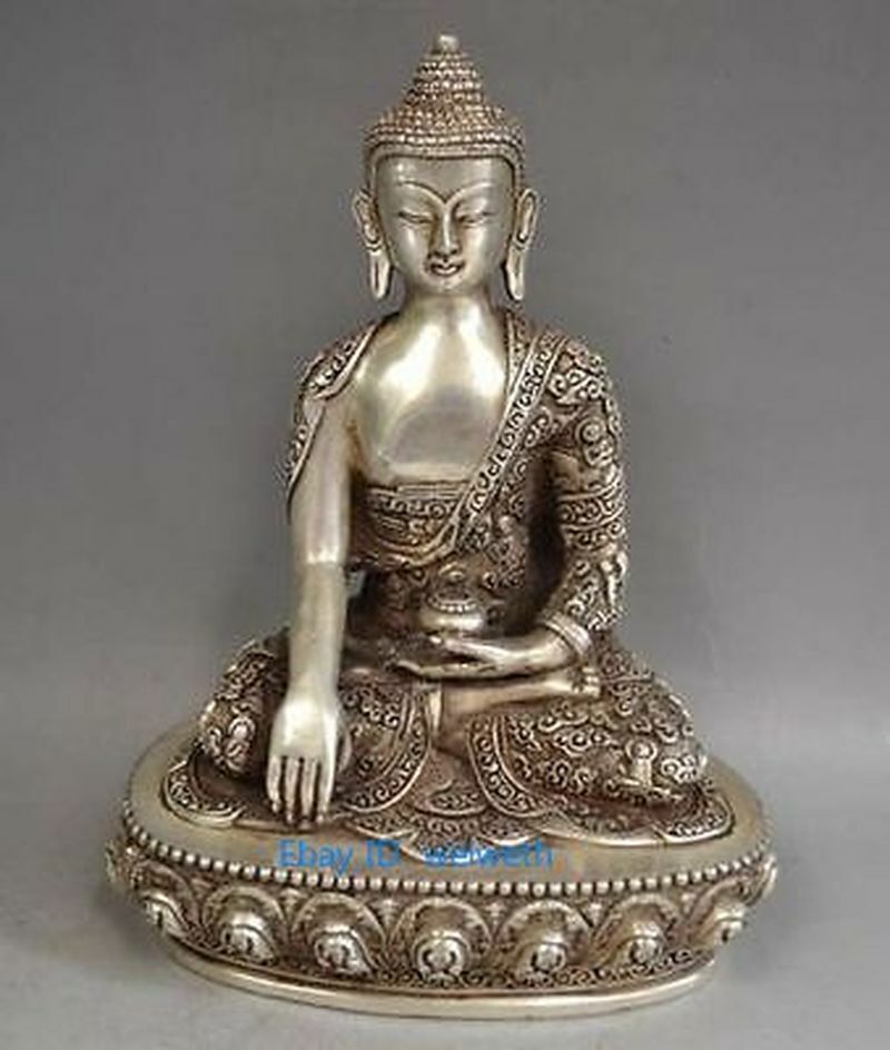 Old Tibetan Silver Hand carved Sakyamuni Shakyamuni Amitabha Buddha Seat Statue
