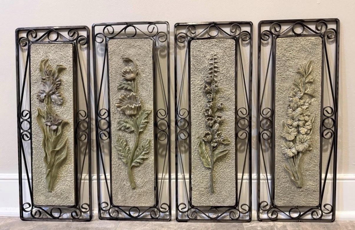 VTG French Country 3D Botanical Wall Plaques (Set of 4)-Wrought Iron Framed-EUC