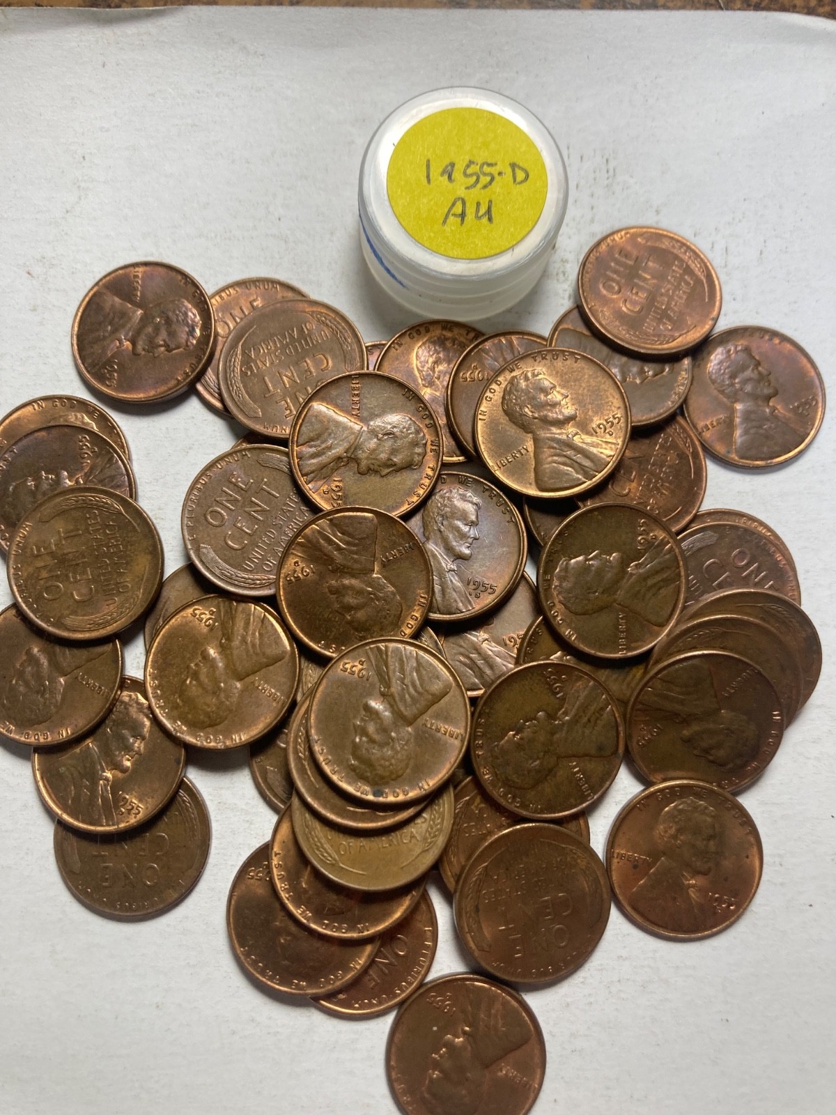 1955-D LINCOLN WHEAT CENT PENNY ROLL, 50 VERY NICE COINS AU or better condition 1955-D LINCOLN WHEAT CENT PENNY ROLL, 50 VERY NICE COINS AU or better condition