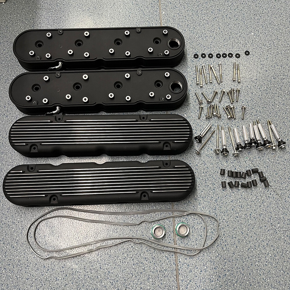2x For Chevy LS Finned Vintage Hidden Coil Black Aluminum Valve Cover US