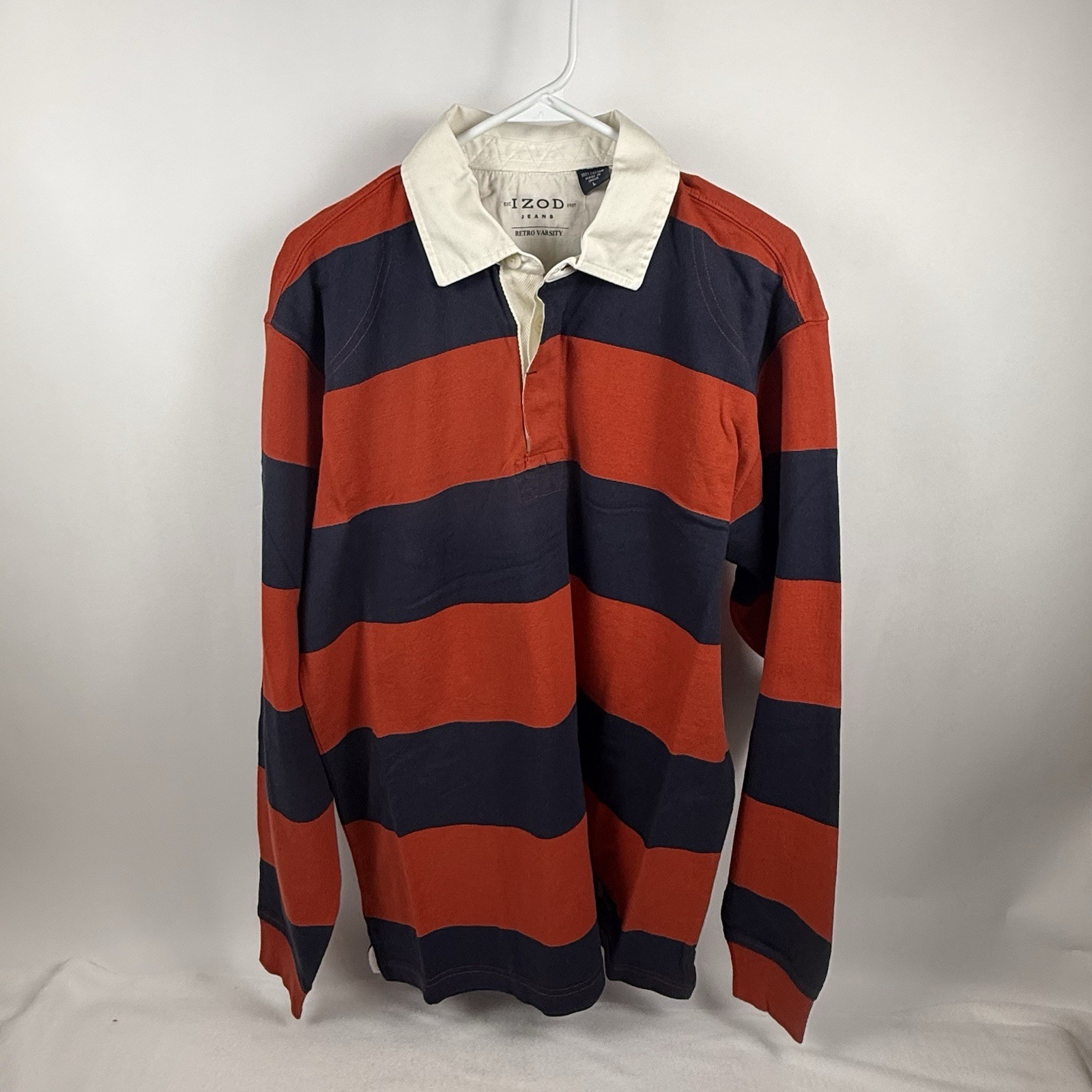IZOD Jeans Retro Varsity Men’s L Rugby Shirt Red Navy Stripe 100% Cotton