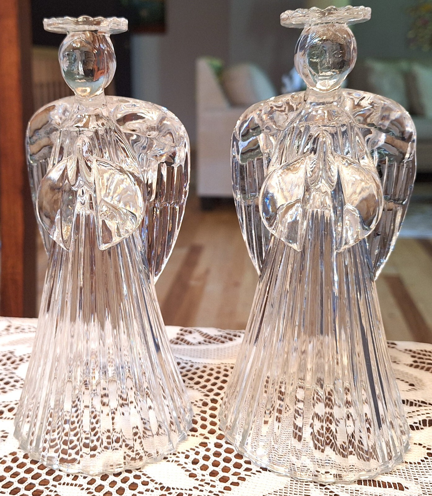 Beautiful Pair of Heavy Crystal Angel Taper Candle Holders 7.25\