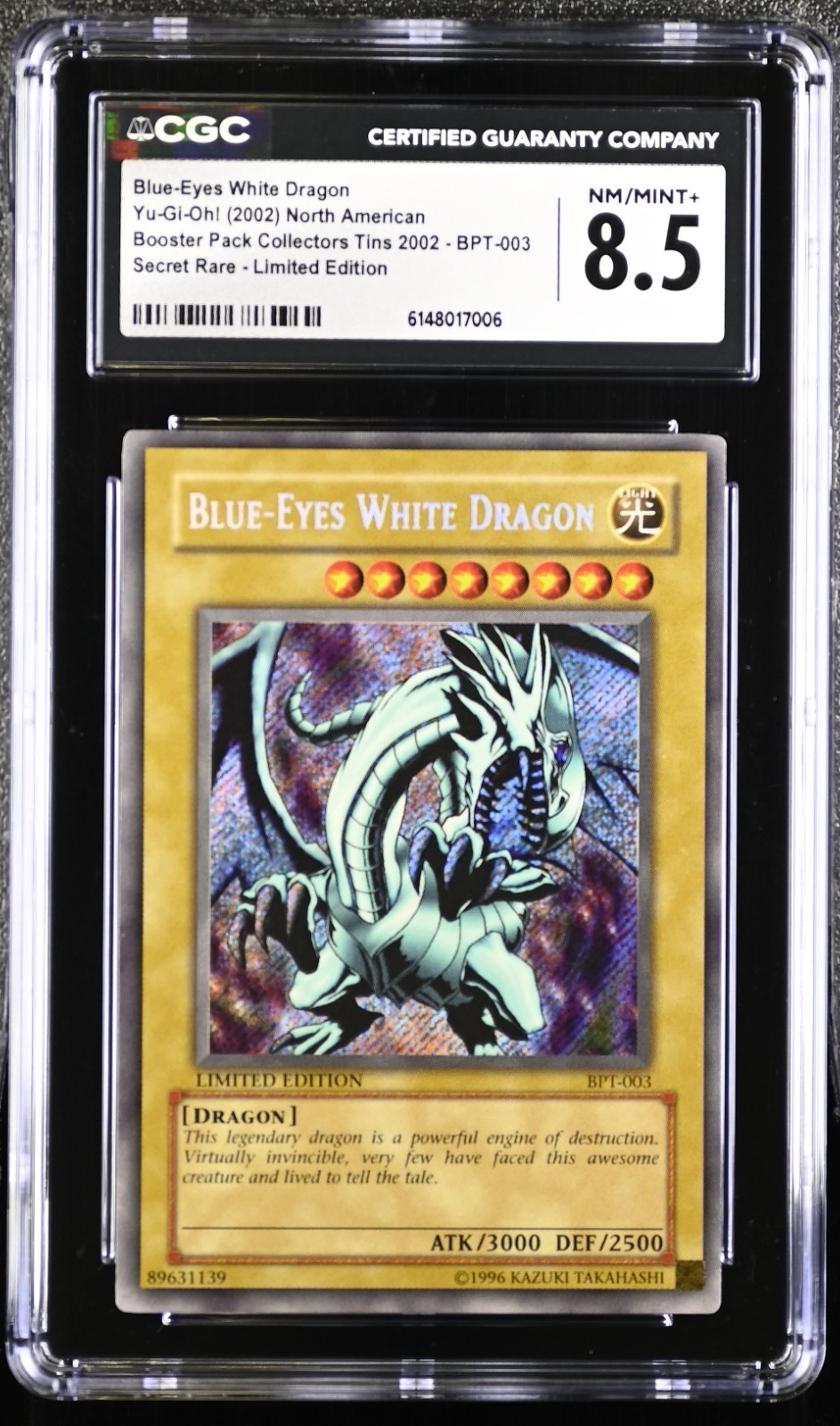 2002 Yu-Gi-Oh Blue-Eyes White Dragon BPT-003 Secret Rare Promo Tin CGC 8.5
