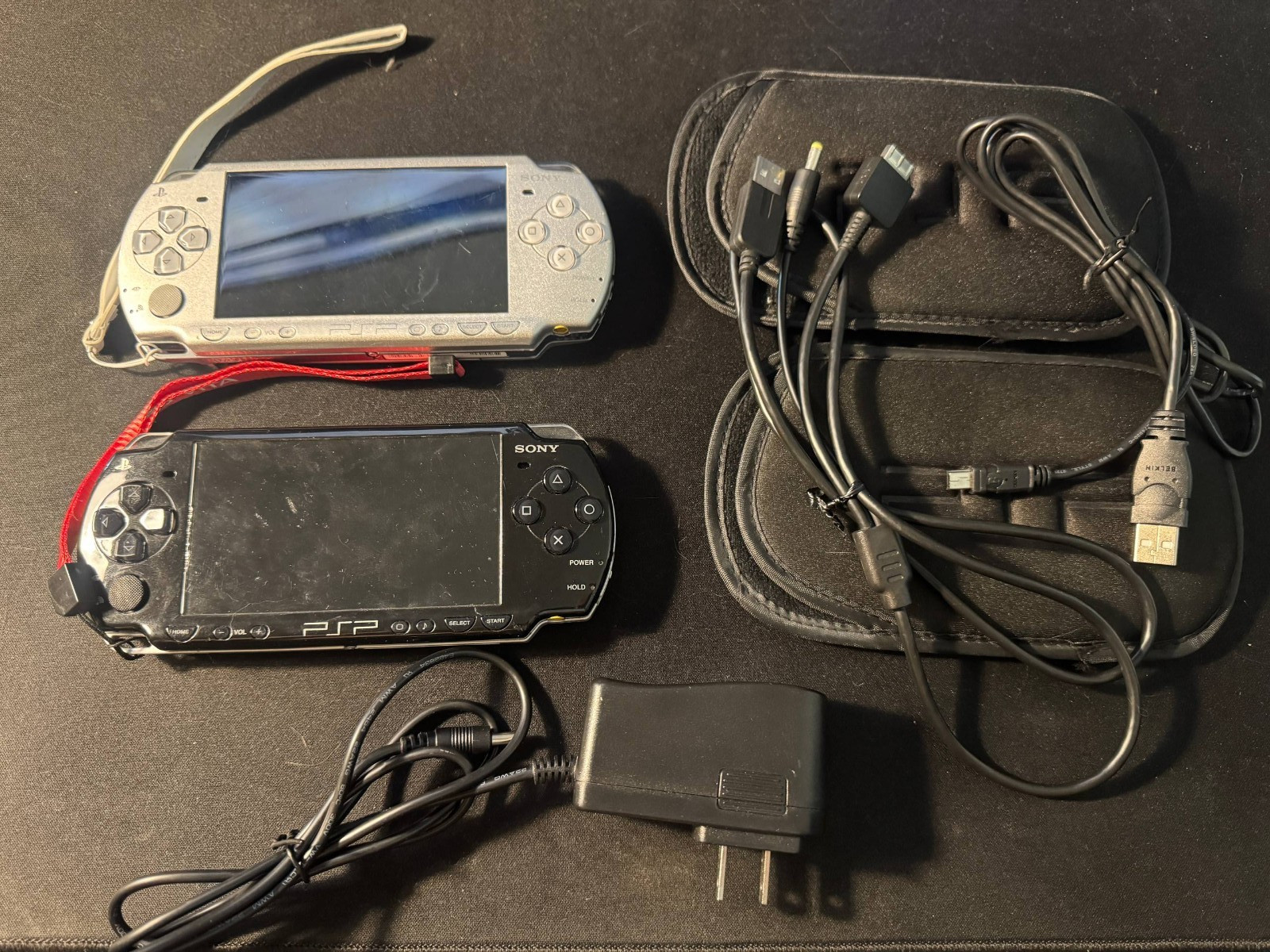Two Upgraded Sony PlayStation Portable PSP 2001 Black & Silver Bundle w Extras