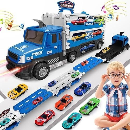 Carrier Truck Toy – 4.6-FT Foldable Hauler Track – 6 Metal Race Cars with Light Carrier Truck Toy – 4.6-FT Foldable Hauler Track – 6 Metal Race Cars with Light