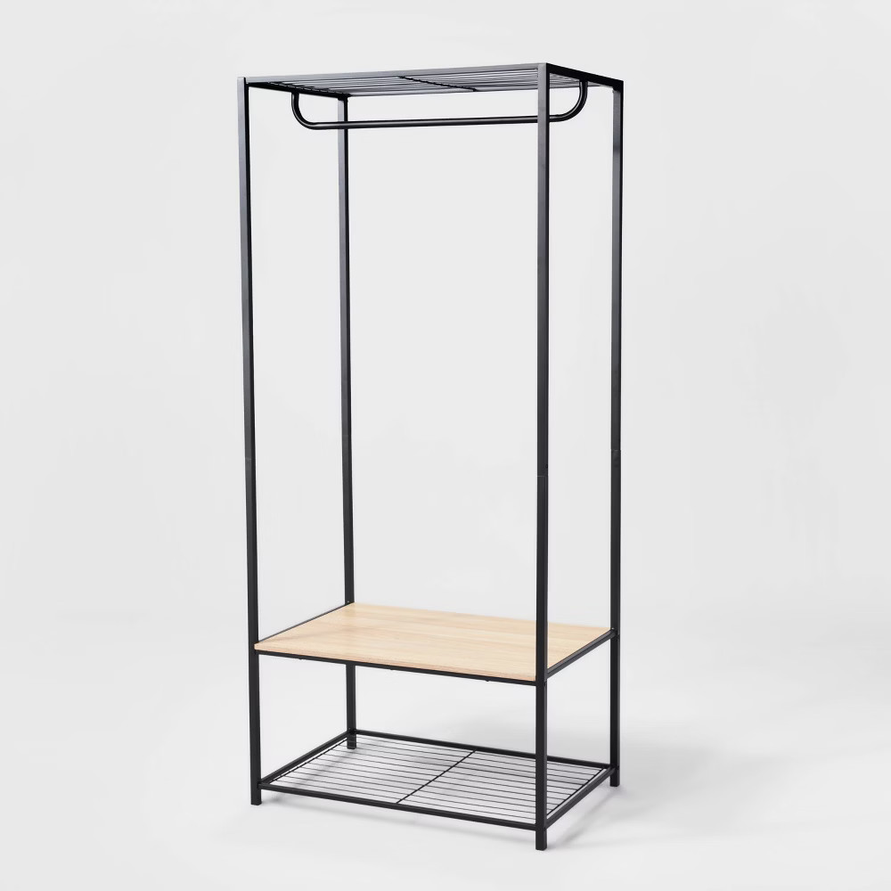 Two Shelf Wardrobe Black Metal with Natural Wood - Brightroom