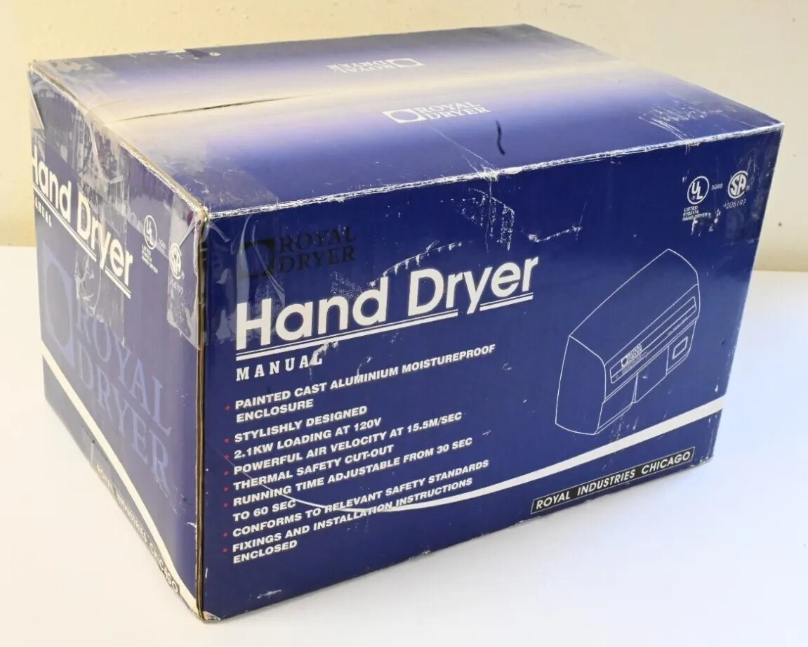 Royal Hand Dryer HK-2200ES White Aluminum Moisture Proof 2200W 30-60 Sec 120V UL Royal Hand Dryer HK-2200ES White Aluminum Moisture Proof 2200W 30-60 Sec 120V UL