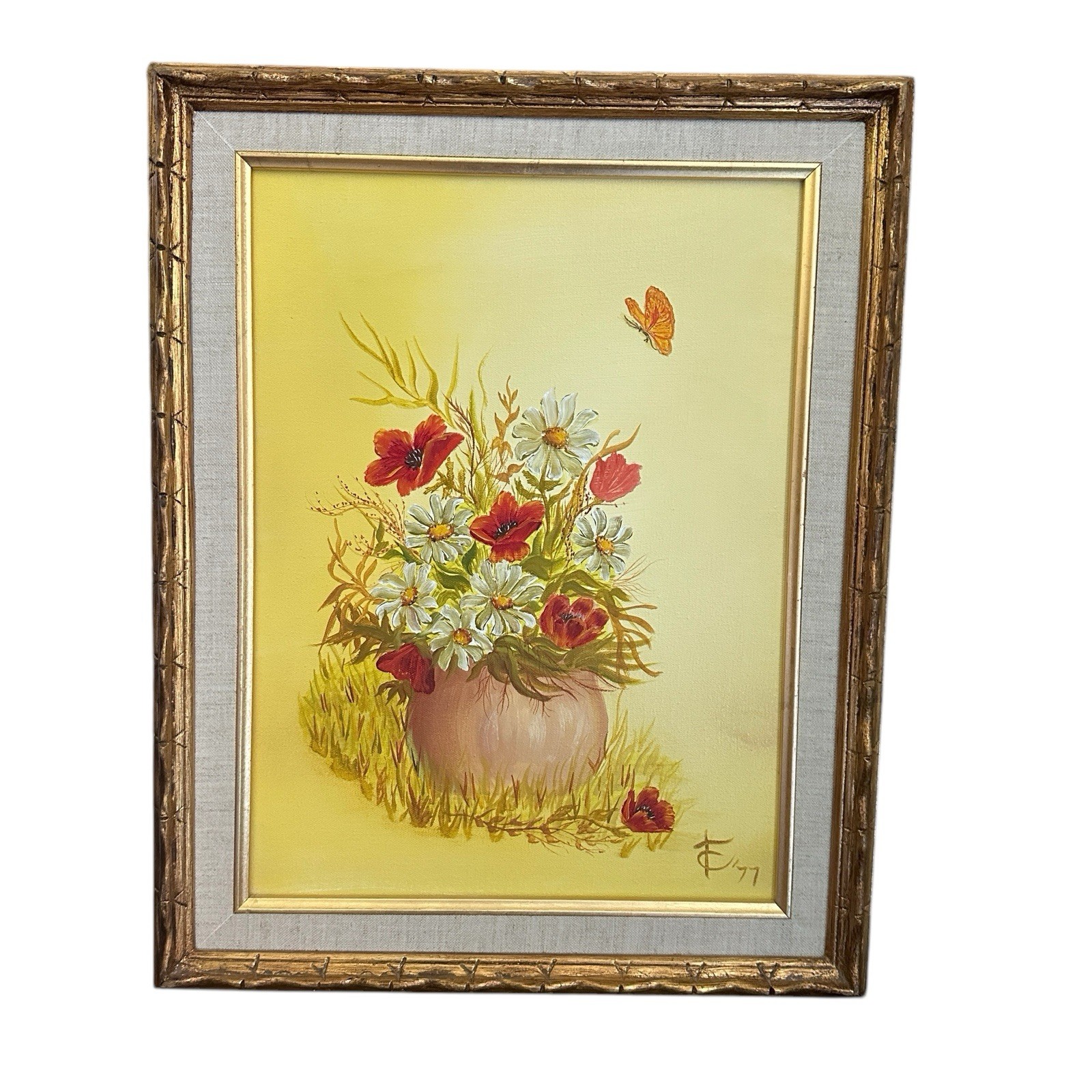 VTG 1977 Oil Painting 15x19 Inch Canvas Still Life Red White Flowers Vase Signed