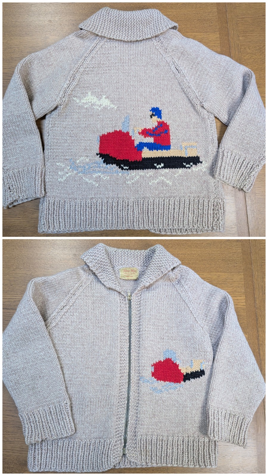 Vtg 60s 70s Hand Knit Cowichan Cardigan Sweater Snowmobile Novelty Wool Chunky