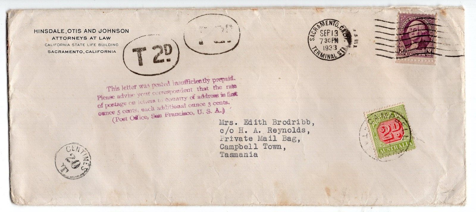 Tasmania CAMPBELL TOWN 1933 CDS on 2d postage due on taxed cover from USA