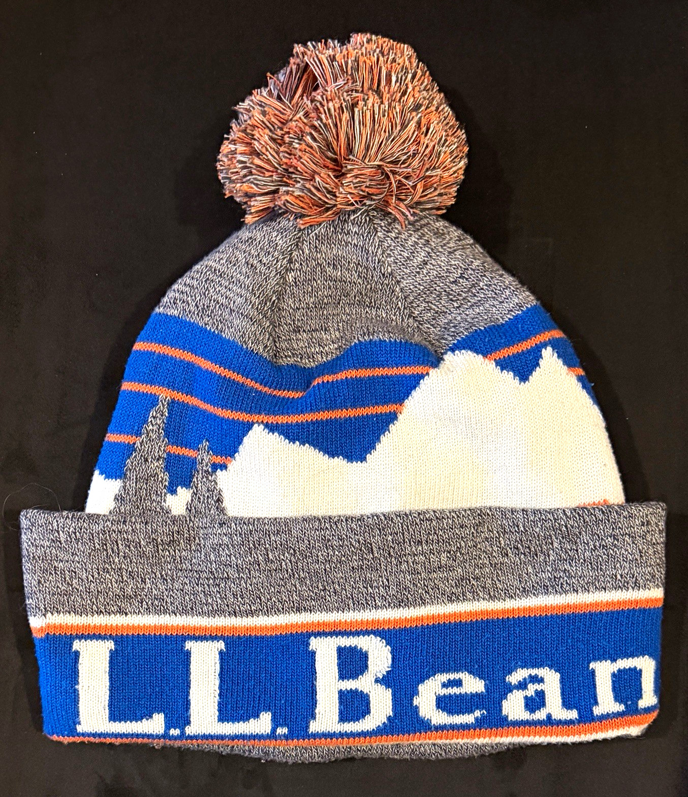 L.L. Bean Knit Pom-Pom Mountain Beanie Hat (Gray, Blue, White, Orange) L.L. Bean Knit Pom-Pom Mountain Beanie Hat (Gray, Blue, White, Orange)