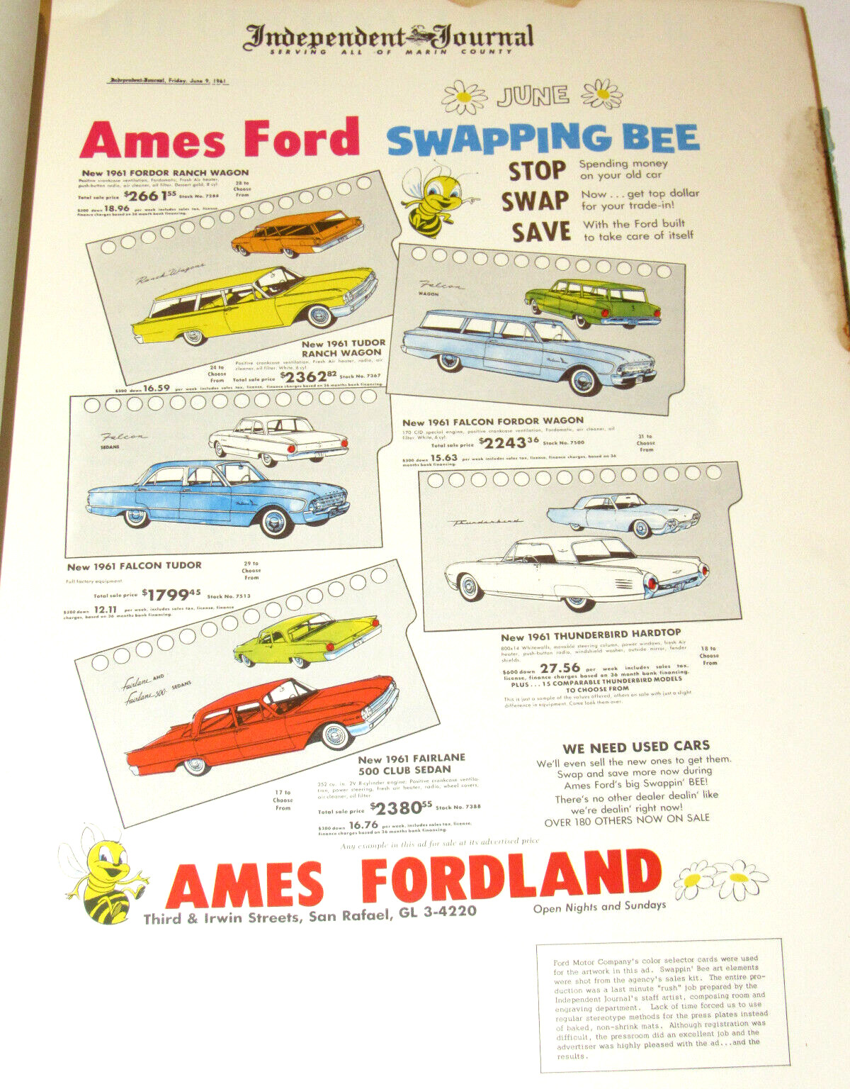 VTG 1961 BOOK OF AUTOMOBILE NEWSPAPER ADVERTISEMENTS NEW & USED CARS/DEALERS+++