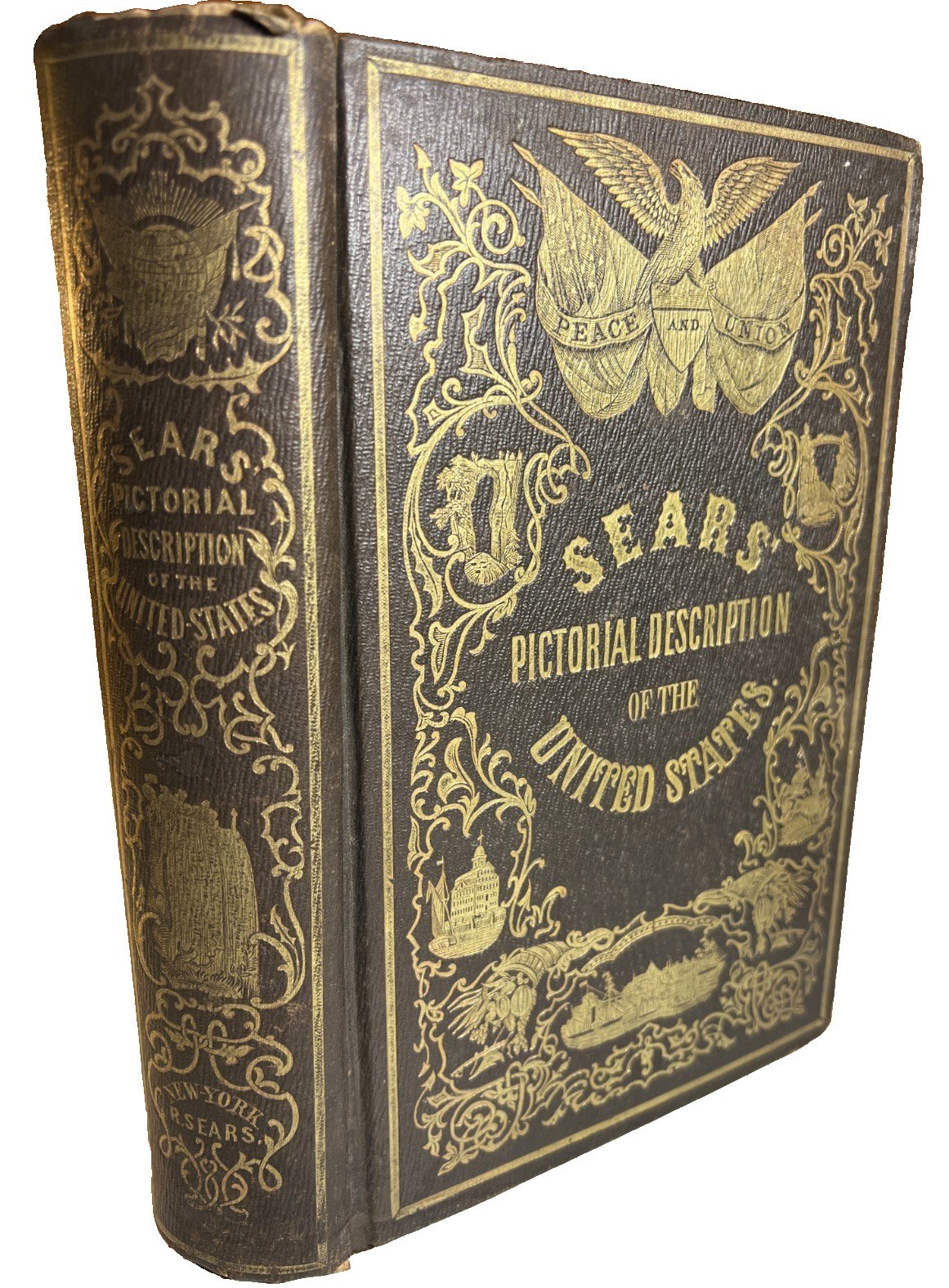 Antique Victorian 1855 Sears Pictorial of United States Gilt Gilded Ornate Book