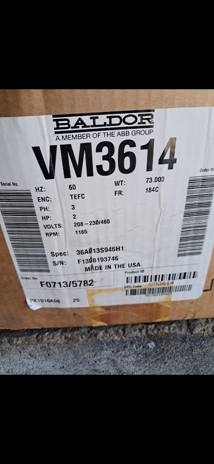 Baldor VM3614T - 2HP, 1165RPM, 3PH, 60HZ, 184TC, 3633M, TEFC, F1 Baldor VM3614T - 2HP, 1165RPM, 3PH, 60HZ, 184TC, 3633M, TEFC, F1