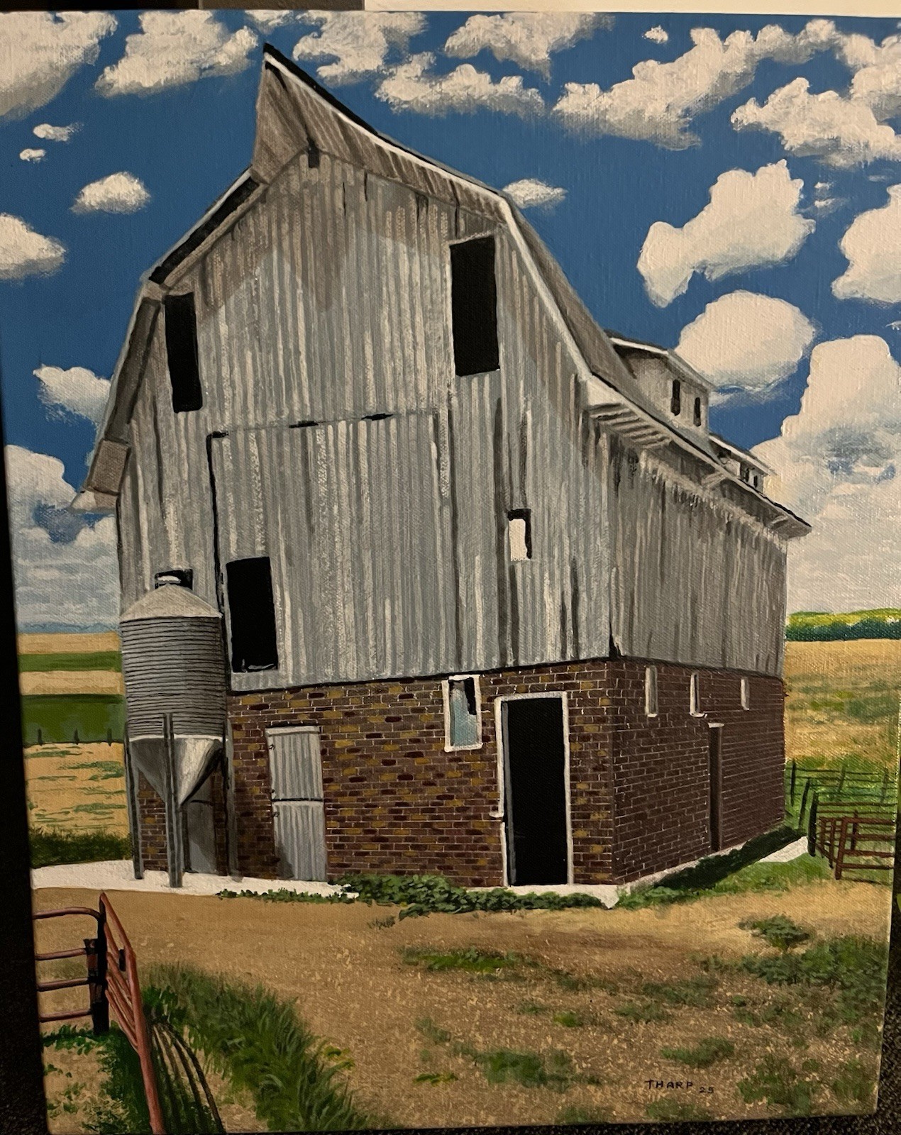ORIGINAL PAINTING ON CANVAS BRICK 3 STORY BARN IN MALCOLM IOWA, 16x 20in Large ORIGINAL PAINTING ON CANVAS BRICK 3 STORY BARN IN MALCOLM IOWA, 16x 20in Large