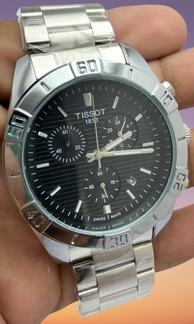 Luxury Silver-Tone Tissot Black Dial Chrono-Date Men\'s Working Quartz Wristwatch