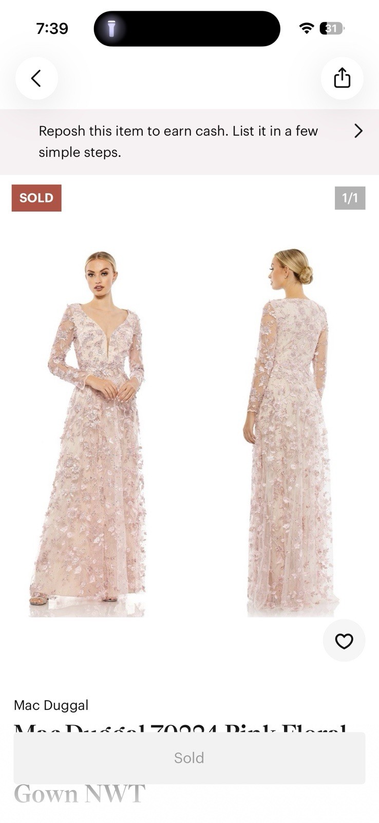 Mac Duggal Women\'s Floral Applique Long Sleeve Illusion Gown