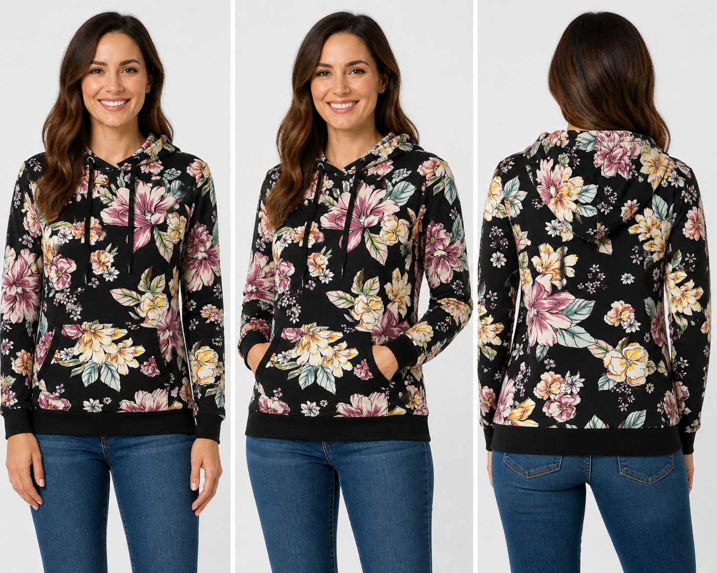 Lildy Pullover Hoodie Women\'s M Black Polyester Floral Kangaroo Pocket Stretch