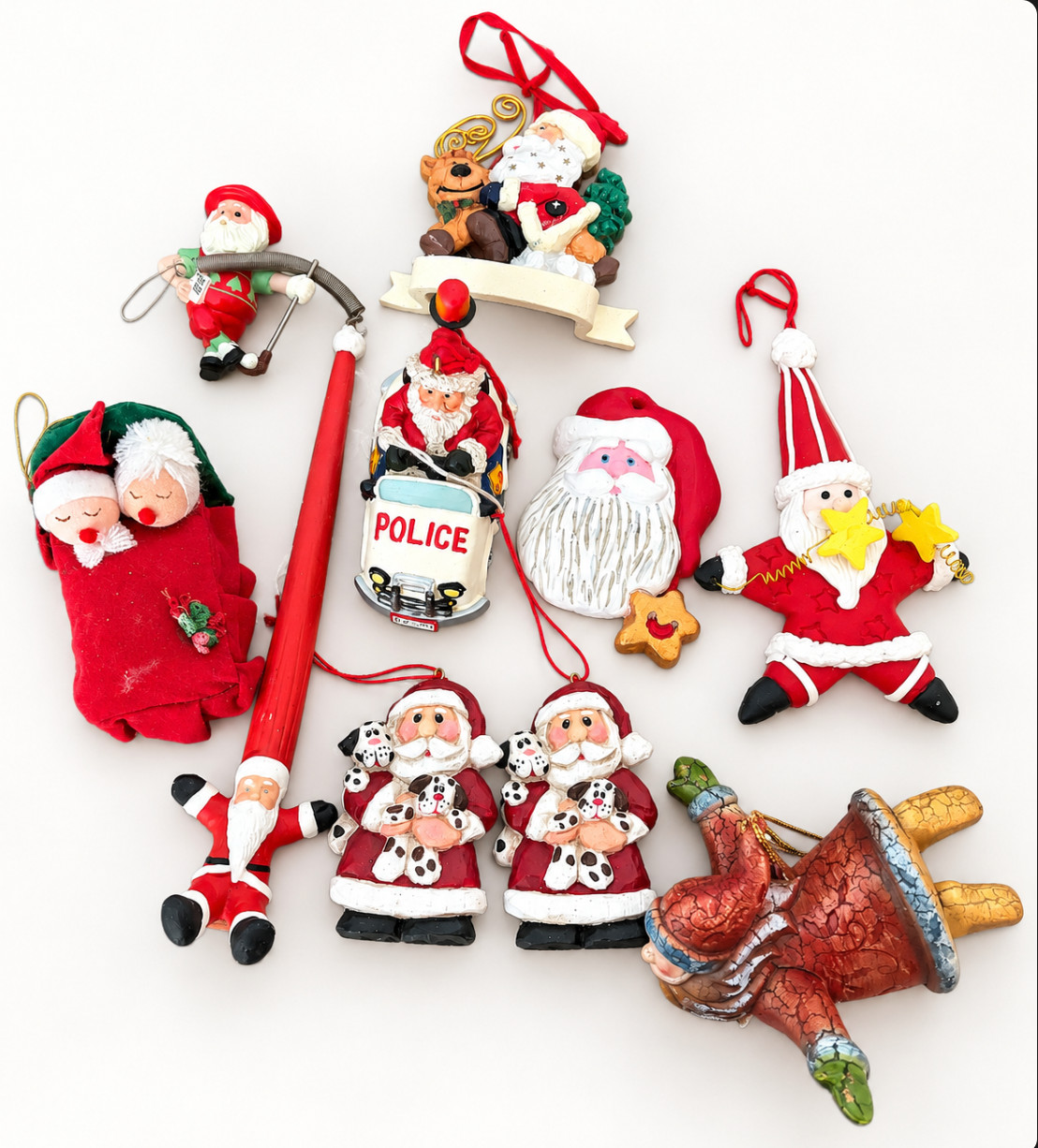 Vintage Santa Christmas Ornament Lot of 10 Resin Cloth