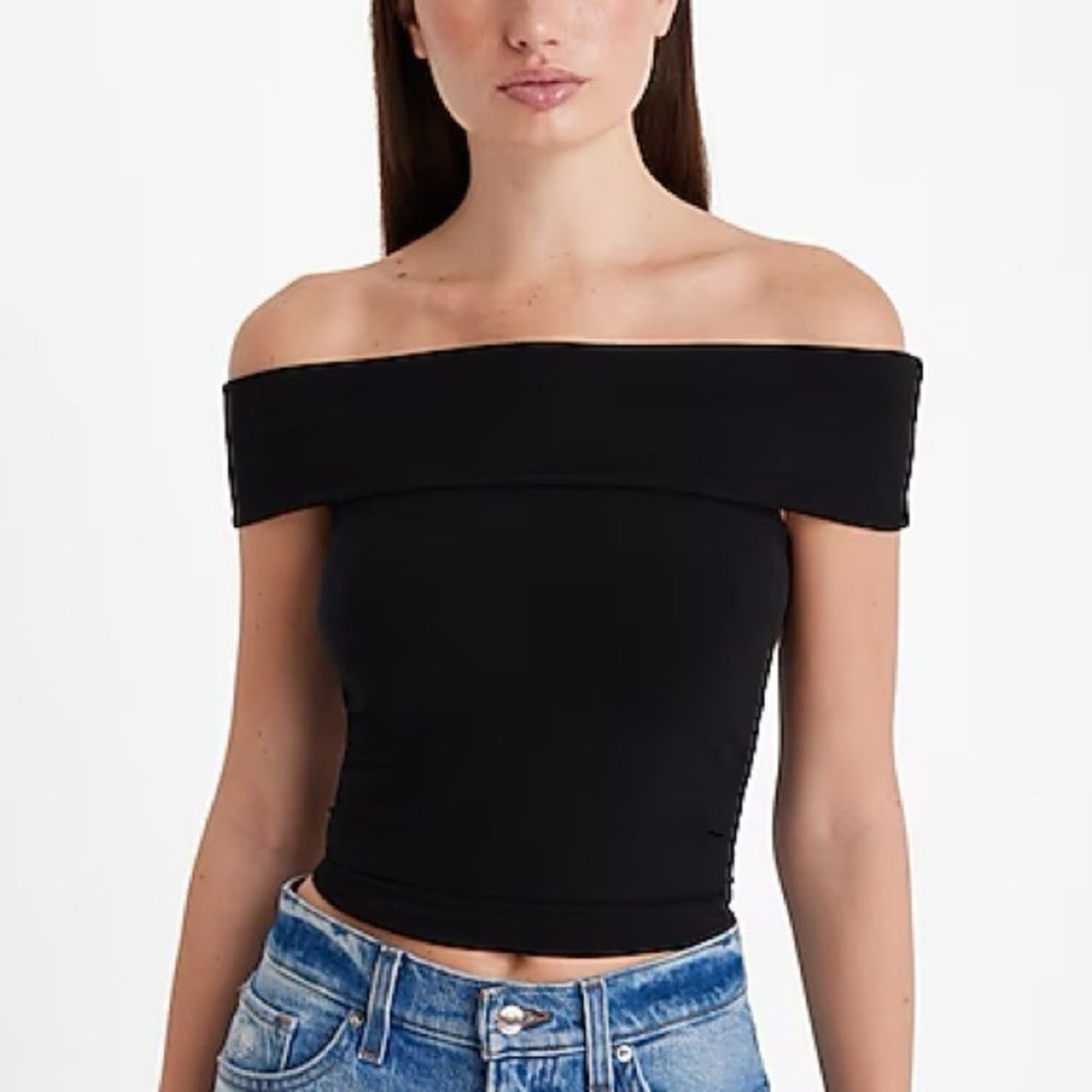 Express Fitted Ribbed Off The Shoulder Overlay Top Express Fitted Ribbed Off The Shoulder Overlay Top