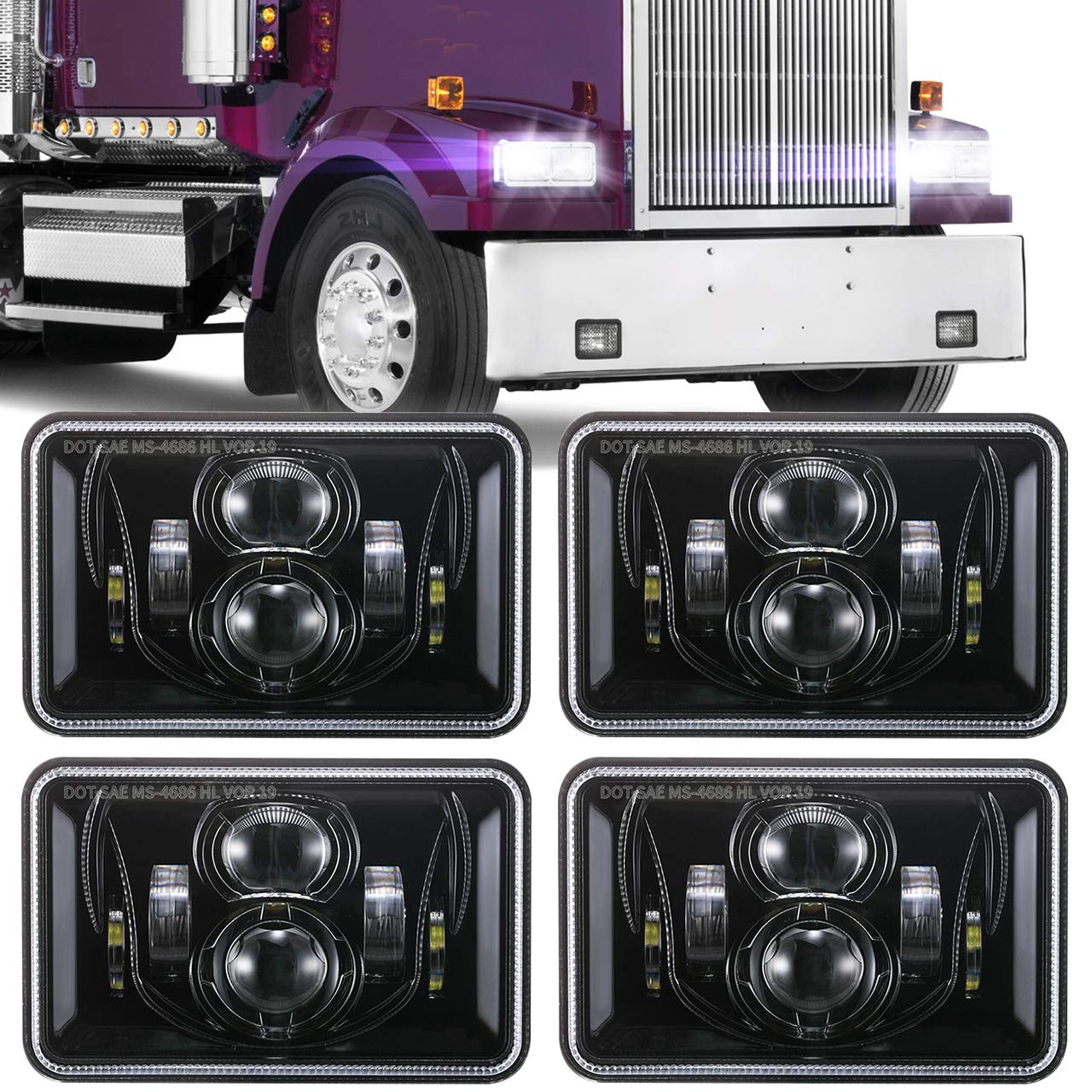 BICYACO 4 PCS DOT 4x6 Inch LED Headlights Rectangular Replacement H4651 H4652...