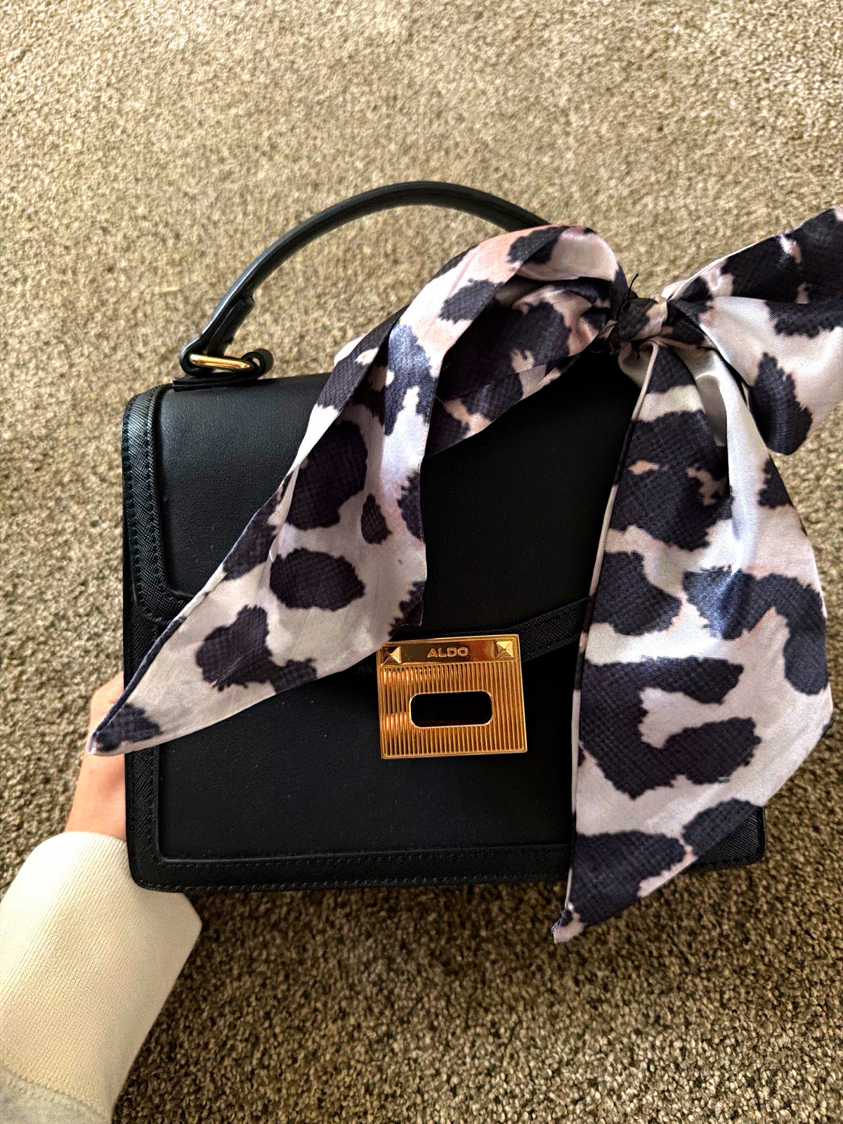 ALDO Black Small Satchel Top Handle Push Lock Gold Hardware Bow Detachable Strap ALDO Black Small Satchel Top Handle Push Lock Gold Hardware Bow Detachable Strap