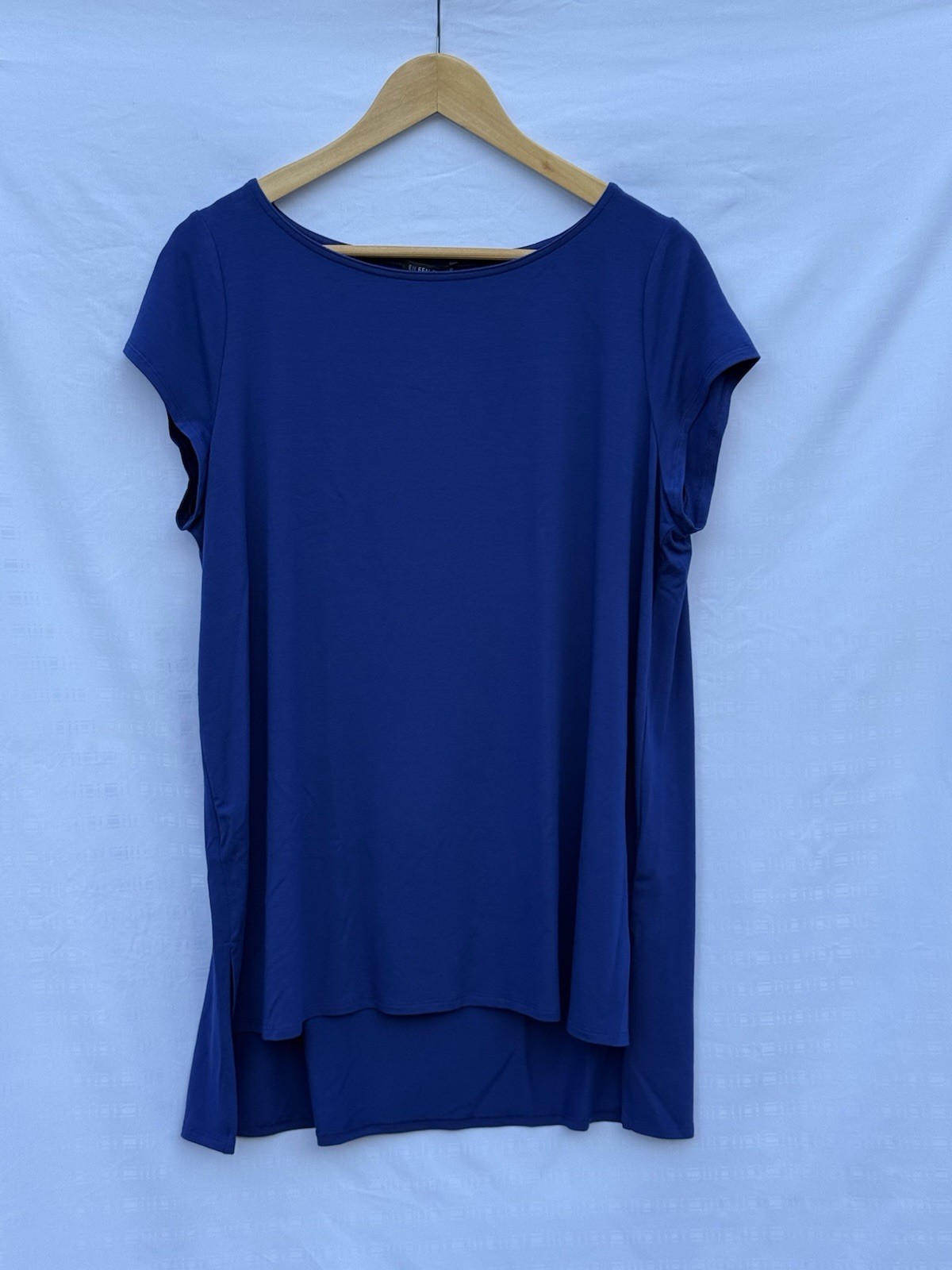 Eileen Fisher Blue Viscose Spandex Jersey Boat Neck Cap Sleeve Tunic Tee XL $108