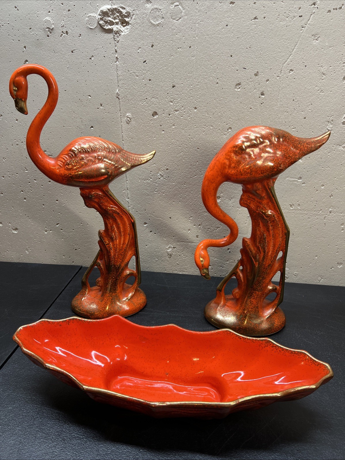 Vintage MCM California Originals Pottery Orange Gold Flamingo Statues Figure Vintage MCM California Originals Pottery Orange Gold Flamingo Statues Figure