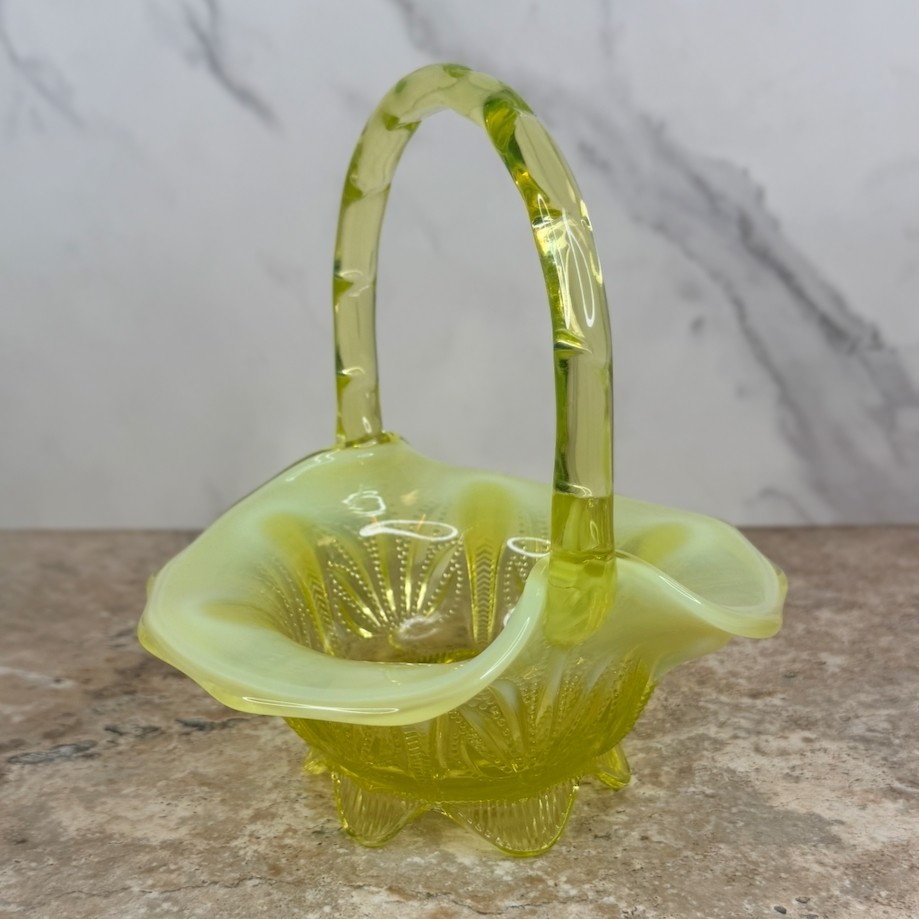 Fenton Topaz Yellow Cactus Pattern Glass Handled Basket