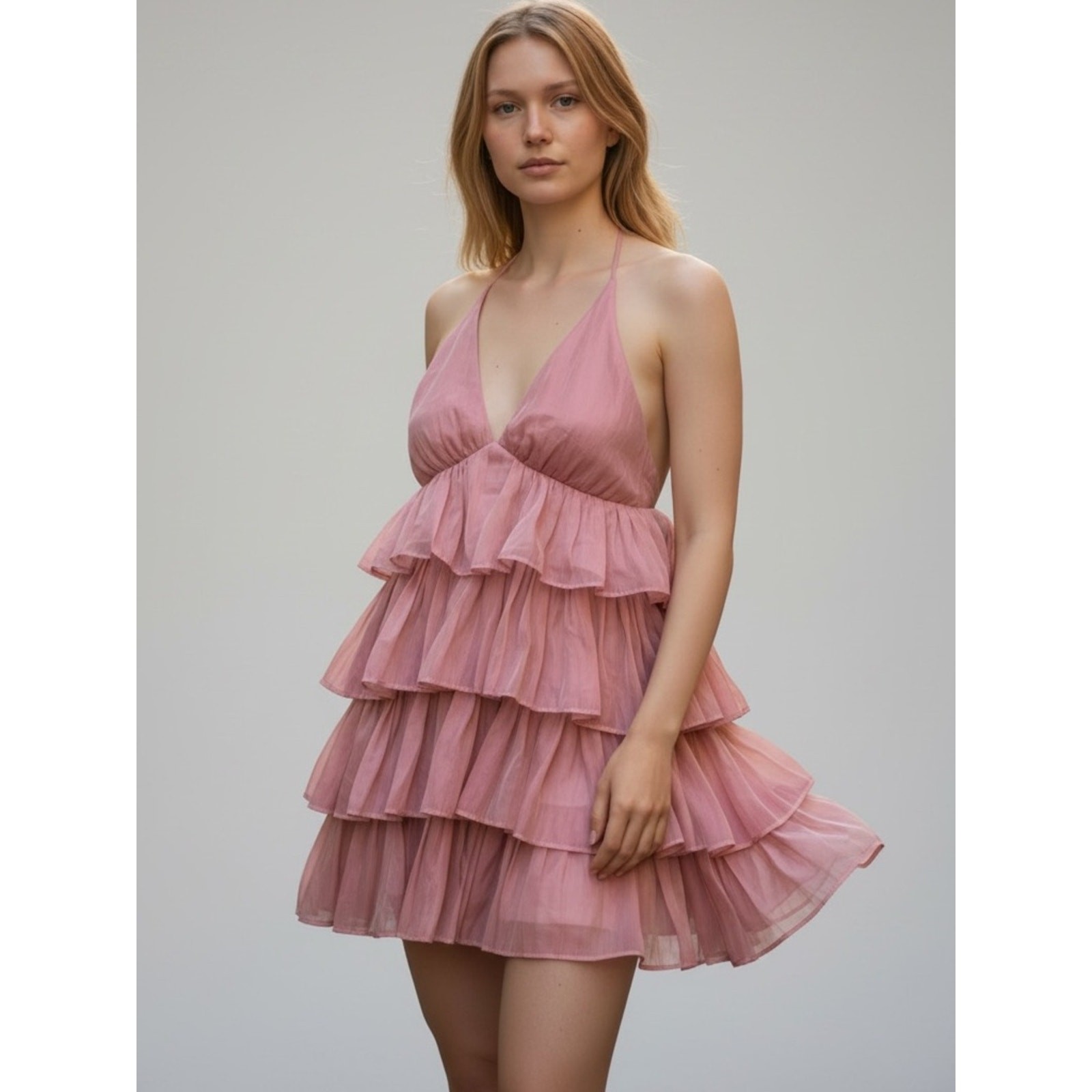 Lulu’s The Party\'s Tier Mauve Pink Organza Tiered Backless Mini Dress NWT Large