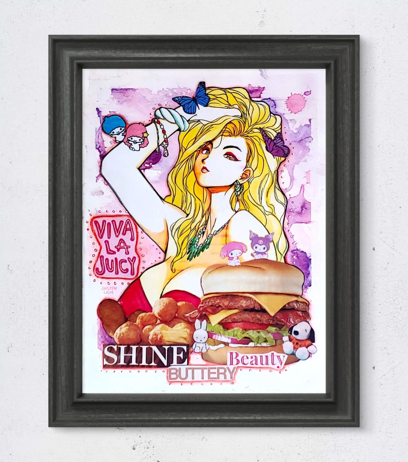 Colorful Modern Art Anime Woman Food Manga Original Mixed Media Collage on Paper