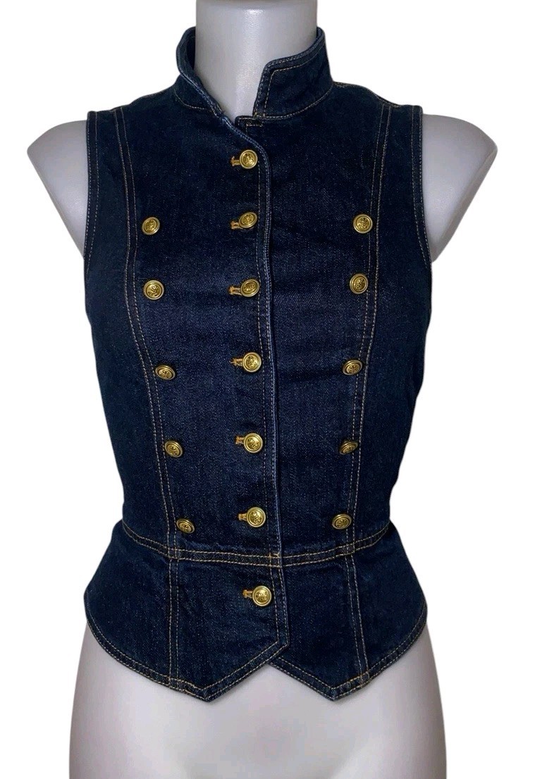 Vtg Polo Ralph Lauren Sz S Womens Napoleon Victorian Denim Vest Top Military Vtg Polo Ralph Lauren Sz S Womens Napoleon Victorian Denim Vest Top Military